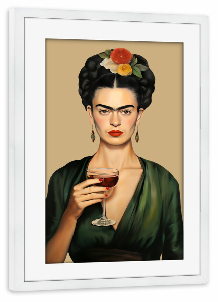 Poster mit Rahmen weiß "Frida kahlo Rotwein Liebe" artboxONE - Floral,Menschen,Essen & Trinken / Alkohol