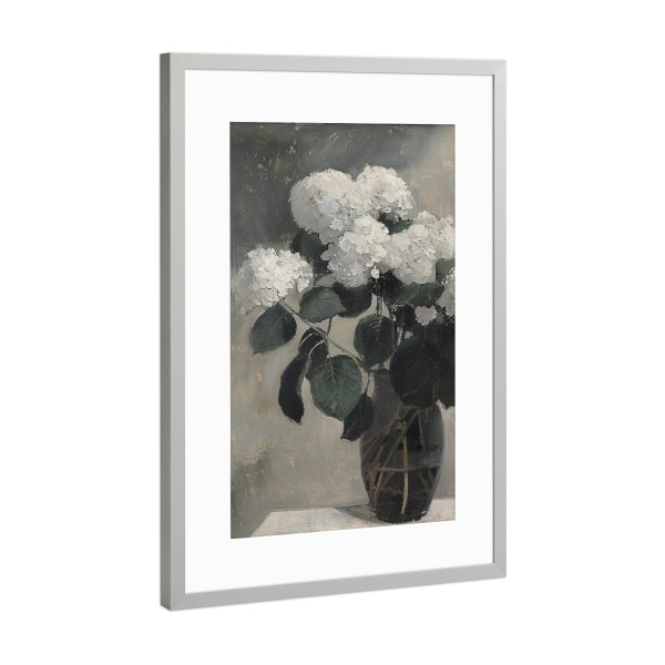 Poster mit Rahmen Silber "Weiße Hortensienblüten" artboxONE - Natur,Floral - Hortensie,Blumen