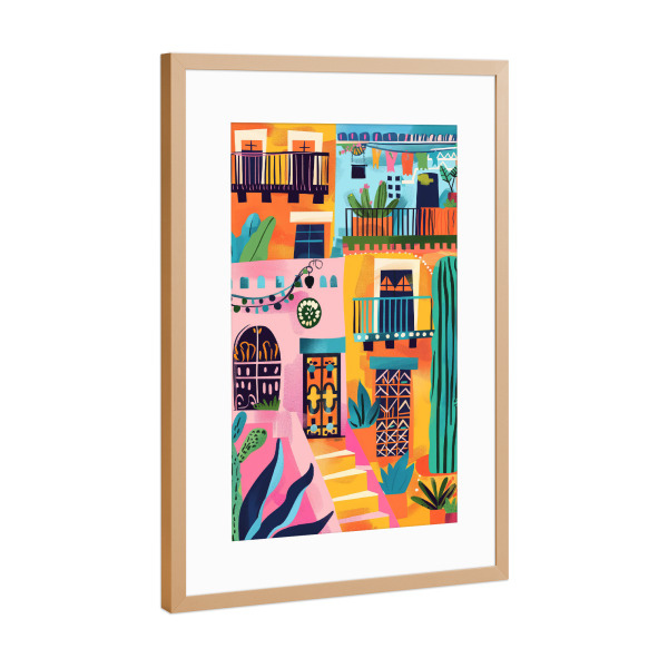Poster mit Rahmen Kupfer "Bunte urbane Oase" artboxONE - Natur,Reise,Architektur - Bunte kunst,Illustration,Tropisch,Kaktus,Abstrakt,Gebäude