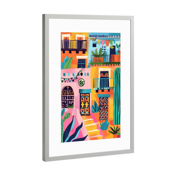 Poster mit Rahmen Silber "Bunte urbane Oase" artboxONE - Natur,Reise,Architektur - Bunte kunst,Illustration,Tropisch,Kaktus,Abstrakt,Gebäude