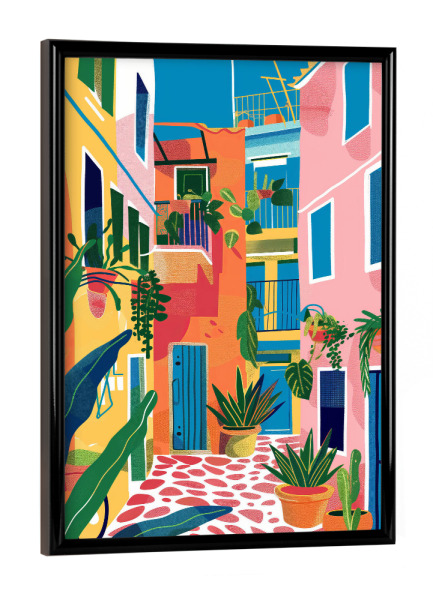 Poster mit schwarzem Rahmen "Bunte Gasse" artboxONE - Reise,Architektur - Bunte kunst,Illustration,Tropisch,Gebäude,Bunt,Architektur