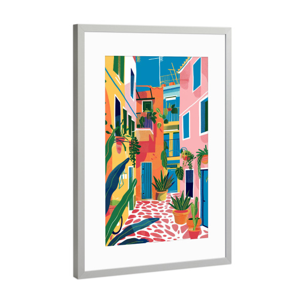 Poster mit Rahmen Silber "Bunte Gasse" artboxONE - Reise,Architektur - Bunte kunst,Illustration,Tropisch,Gebäude,Bunt,Architektur