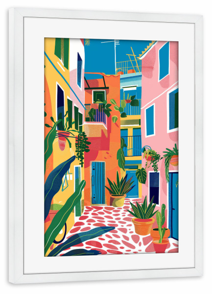 Poster mit Rahmen weiß "Bunte Gasse" artboxONE - Reise,Architektur - Bunte kunst,Illustration,Tropisch,Gebäude,Bunt,Architektur