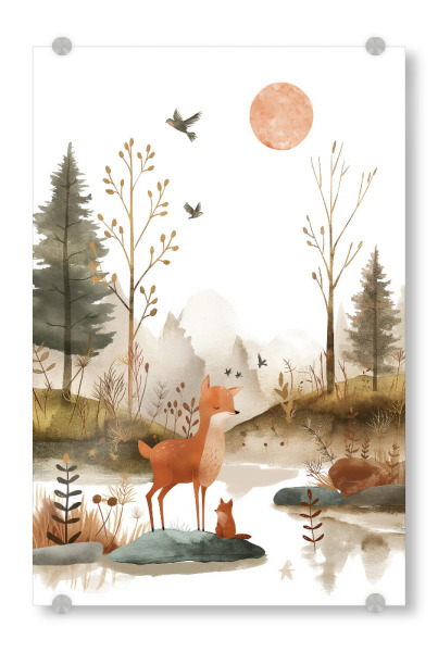 Acrylglasbild "Tierlandschaft" artboxONE - Natur,Für Kinder,Tiere - Tiere,Landschaft,Natur,Kinder,Kinderzimmer,Süß,Niedlich,Vögel,Wald