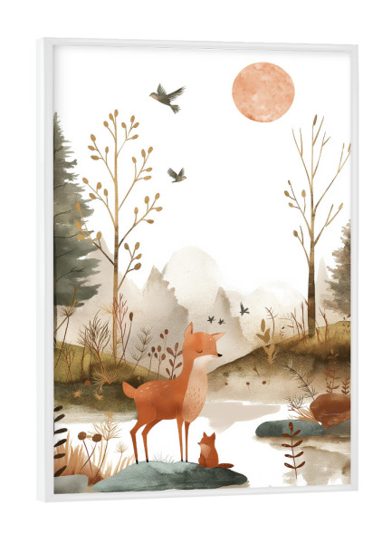 Poster mit weißem Rahmen "Tierlandschaft" artboxONE - Natur,Für Kinder,Tiere - Tiere,Landschaft,Natur,Kinder,Kinderzimmer,Süß,Niedlich,Vögel,Wald