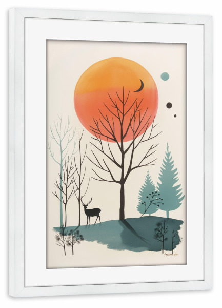 Poster mit Rahmen weiß "Hirsch im Wald Kinderillustration" artboxONE - Natur,Für Kinder,Tiere