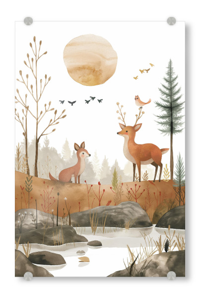 Acrylglasbild "Hirsch und Fuchs" artboxONE - Natur,Für Kinder,Tiere - Hirsch,Fuchs,Kinder,Kinderzimmer,Kinderillustration,Natur,Wald,Sonne,Ki