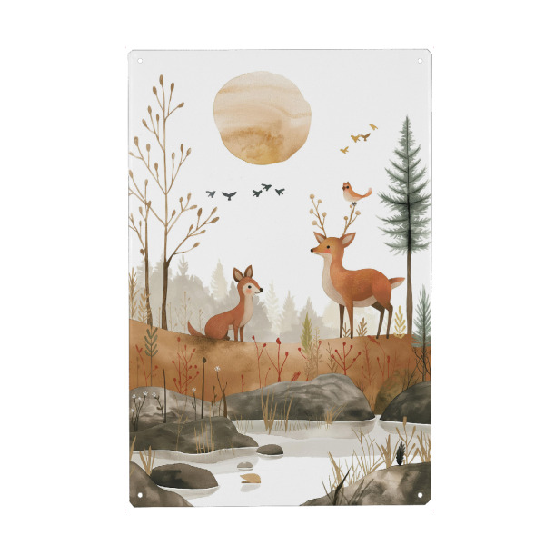 Metall Poster "Hirsch und Fuchs" artboxONE - Natur,Für Kinder,Tiere - Hirsch,Fuchs,Kinder,Kinderzimmer,Kinderillustration,Natur,Wald,Sonne,Ki