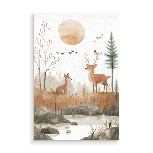 Holzbild "Hirsch und Fuchs" artboxONE - Natur,Für Kinder,Tiere - Hirsch,Fuchs,Kinder,Kinderzimmer,Kinderillustration,Natur,Wald,Sonne,Ki