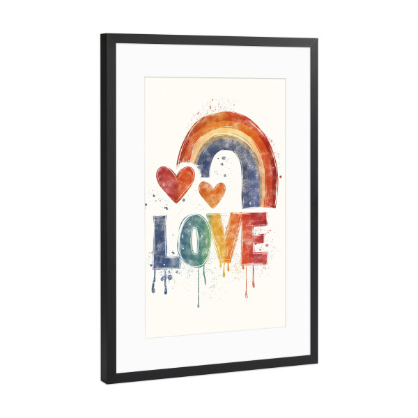 Poster mit Rahmen Schwarz (Metallic) "LOVE - RAINBOW" artboxONE - Typografie,Liebe - Love,Liebe,Regenbogen,Pride,Typo,Typografie,Bunt,Herz,Ki