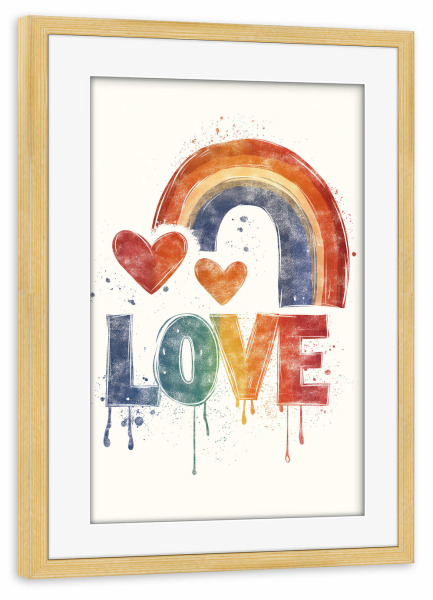 Poster mit Rahmen kiefer "LOVE - RAINBOW" artboxONE - Typografie,Liebe - Love,Liebe,Regenbogen,Pride,Typo,Typografie,Bunt,Herz,Ki