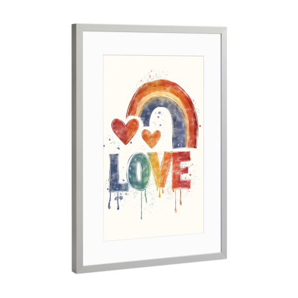 Poster mit Rahmen Silber "LOVE - RAINBOW" artboxONE - Typografie,Liebe - Love,Liebe,Regenbogen,Pride,Typo,Typografie,Bunt,Herz,Ki