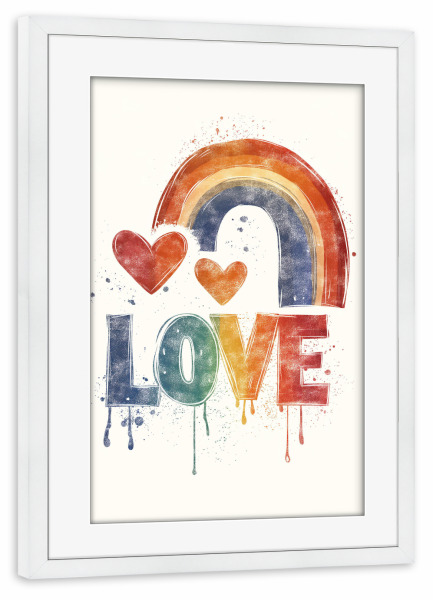 Poster mit Rahmen weiß "LOVE - RAINBOW" artboxONE - Typografie,Liebe - Love,Liebe,Regenbogen,Pride,Typo,Typografie,Bunt,Herz,Ki