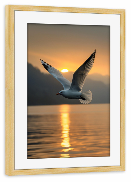 Poster mit Rahmen kiefer "Möve im Abendlicht" artboxONE - Natur,Reise,Tiere - Möve,Vogel,Abend,Abendlicht,Natur,Reise,Fliegen,Sonnenuntergang,Berge,Ki