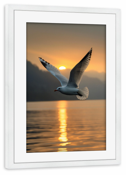 Poster mit Rahmen weiß "Möve im Abendlicht" artboxONE - Natur,Reise,Tiere - Möve,Vogel,Abend,Abendlicht,Natur,Reise,Fliegen,Sonnenuntergang,Berge,Ki
