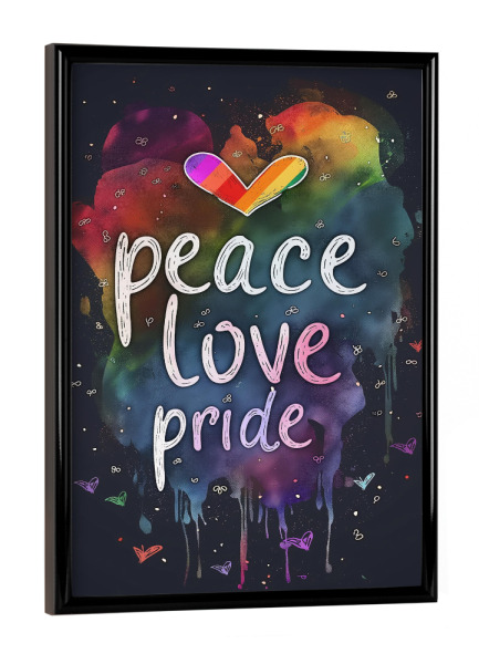 Poster mit schwarzem Rahmen "Peace, Love & Pride" artboxONE - Typografie,Liebe - Liebe,Typo,Typografie,Bunt,Herzen,Pride,Lgbtq,Illustration