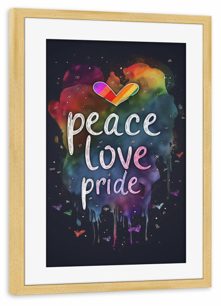 Poster mit Rahmen kiefer "Peace, Love & Pride" artboxONE - Typografie,Liebe - Liebe,Typo,Typografie,Bunt,Herzen,Pride,Lgbtq,Illustration,Ki