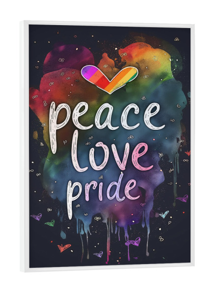 Poster mit weißem Rahmen "Peace, Love & Pride" artboxONE - Typografie,Liebe - Liebe,Typo,Typografie,Bunt,Herzen,Pride,Lgbtq,Illustration