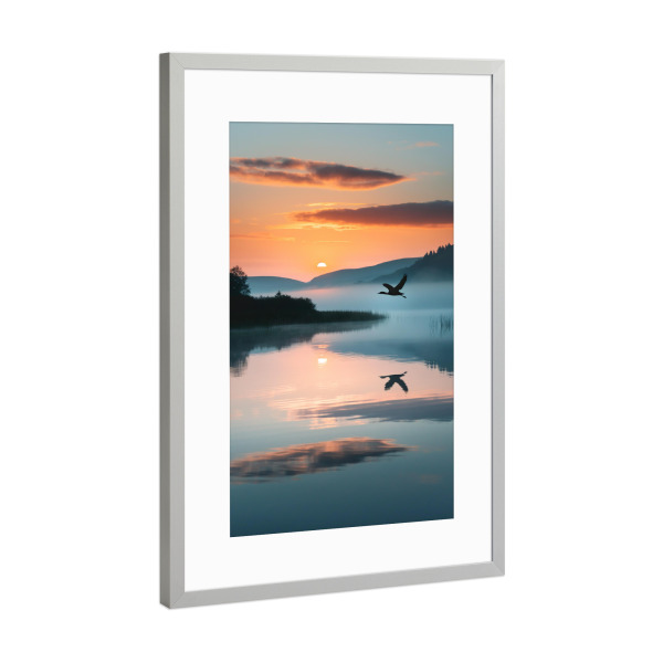 Poster mit Rahmen Silber "Reiher im Abendlicht" artboxONE - Natur,Reise,Tiere - Reiher,Vogel,Tier,Natur,Berge,Reise,Wolken,Himmel,See,Meer,Ki