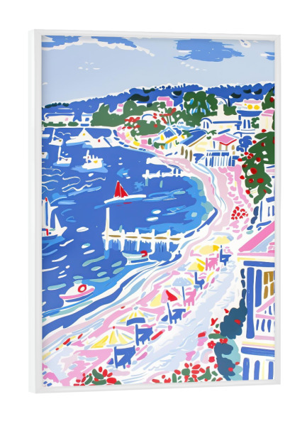 Poster mit weißem Rahmen "Küstenharmonie" artboxONE - Natur,Architektur,Reise / Strand und Meer - Küste,Meer,Schiffe,Stadt,Malerei,Segeln