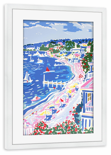 Poster mit Rahmen weiß "Küstenharmonie" artboxONE - Natur,Architektur,Reise / Strand und Meer - Küste,Meer,Schiffe,Stadt,Malerei,Segeln