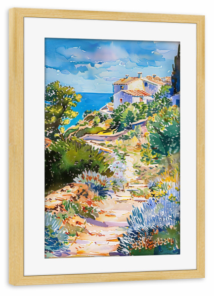 Poster mit Rahmen kiefer "Mediterrane Glückseligkeit" artboxONE - Natur,Architektur,Reise / Strand und Meer - Mittelmeer,Malerei,Natur,Landschaft,Meer
