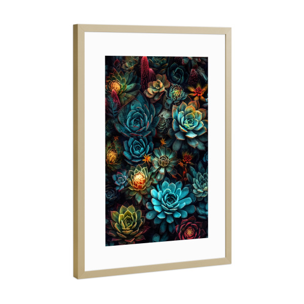 Poster mit Rahmen Gold "Sukkulenten und Kakteen S" artboxONE - Natur,Floral - Sukkulenten,Kakteen,Kaktus,Natur,Blumen,Botanische,Blatt,Blumen