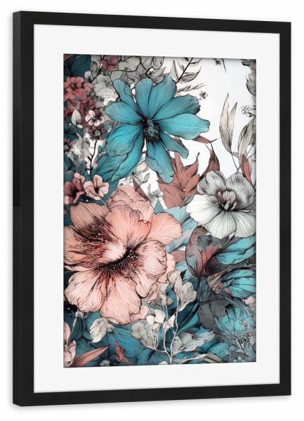 Poster mit Rahmen schwarz "Wiese voller Blumen AC" artboxONE - Natur,Floral - Wiese,Natur,Blumen,Blumen,Botanische,Blätter,Blatt,Blumen,Kräuter