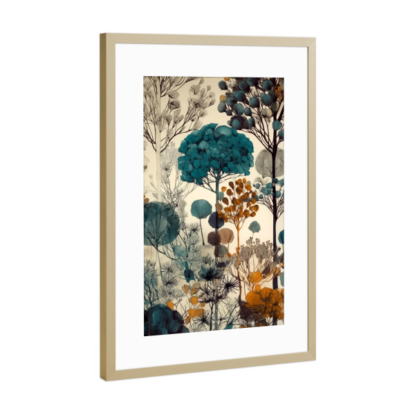 Poster mit Rahmen Gold "Waldleben A" artboxONE - Natur,Floral - Wald,Baum,Bäume,Natur,Botanisch,Illustration