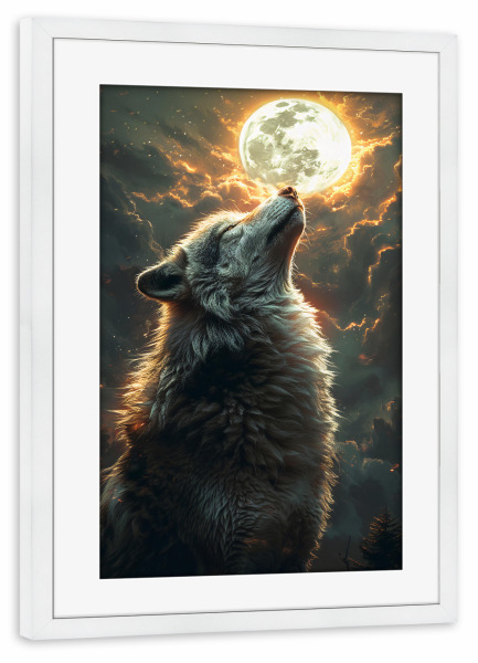 Poster mit Rahmen weiß "Wolf Moon (matart)" artboxONE - Tiere - Wolf,Wölfe,Tier,Tiere,Natur,Mond,Wild,Modern