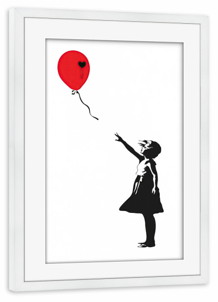 Poster mit Rahmen weiß "Mädchen mit dem Luftballon" artboxONE - Menschen,Streetart - Ballon,Mädchen,Grafitti,Modern,Schlicht,Ikonisch