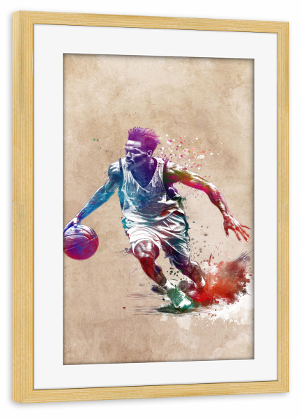 Poster mit Rahmen kiefer "Basketballspieler Sportkunst F" artboxONE - Sport,Sport / Sommerspiele - Korb,Basketball,Ball,Sport,Illustration,Grafik