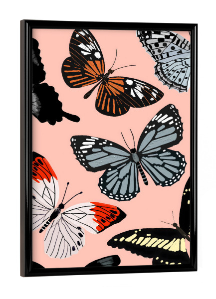 Poster mit schwarzem Rahmen "Schmetterlinge auf Rosa" artboxONE - Tiere - Schmetterling,Flügel,Insekt,Käfer,Rosa,Frühling,Malerei,Pinsel