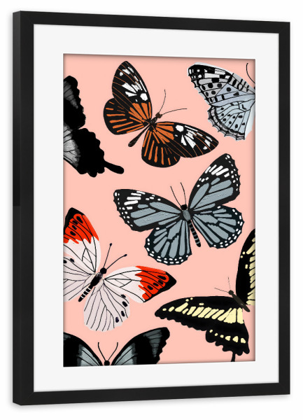Poster mit Rahmen schwarz "Schmetterlinge auf Rosa" artboxONE - Tiere - Schmetterling,Flügel,Insekt,Käfer,Rosa,Frühling,Malerei,Pinsel