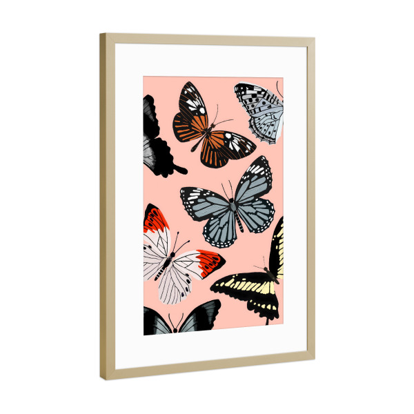 Poster mit Rahmen Gold "Schmetterlinge auf Rosa" artboxONE - Tiere - Schmetterling,Flügel,Insekt,Käfer,Rosa,Frühling,Malerei,Pinsel