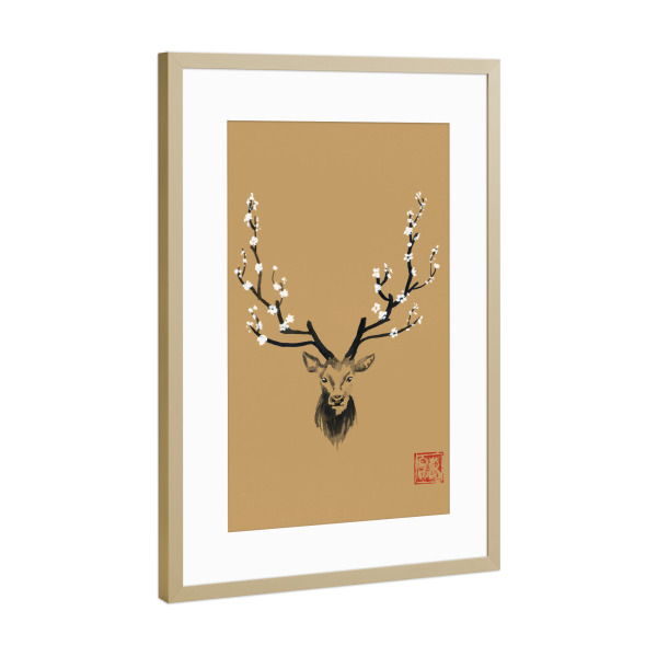 Poster mit Rahmen Gold "Hirschblüte" artboxONE - Floral,Tiere - Sumie,Japan,Hirsch,Blume,Kirsche,Baum