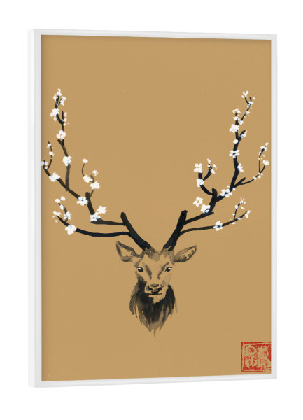 Poster mit weißem Rahmen "Hirschblüte" artboxONE - Floral,Tiere - Sumie,Japan,Hirsch,Blume,Kirsche,Baum