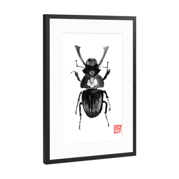 Poster mit Rahmen Schwarz (Metallic) "Samurai-Käfer" artboxONE - Tiere,Schwarzweiß,Reise / Asien - Samurai,Käfer,Sumie,Japan,Insekt