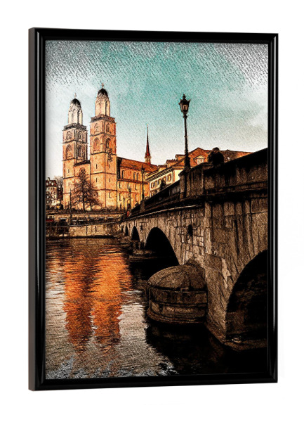 Poster mit schwarzem Rahmen "Zürich Münsterbrücke" artboxONE - Architektur,Städte / Zürich