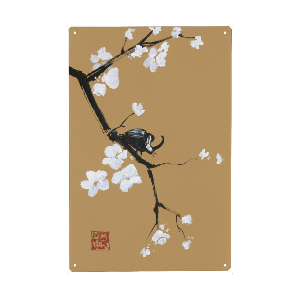 Metall Poster "Käfer auf braunem Papier" artboxONE - Natur,Floral,Tiere - Sumie,Japan,Käfer,Zweig,Baum,Kirsche,Blume,Blüte - Blechschild