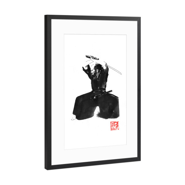 Poster mit Rahmen Schwarz (Metallic) "Großer Samurai in der Garde" artboxONE - Schwarzweiß,Reise / Asien,Männer - Sumie,Japan,Samurai