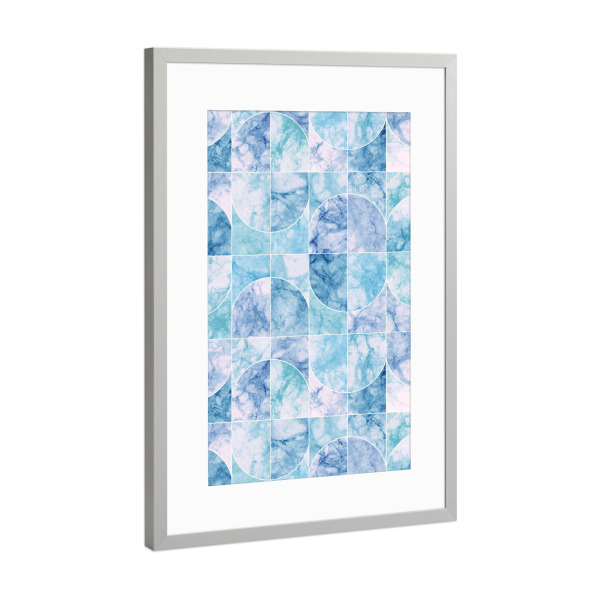 Poster mit Rahmen Silber "Marmorierte Geofliesen bläulich" artboxONE - Geometrie,Marmor
