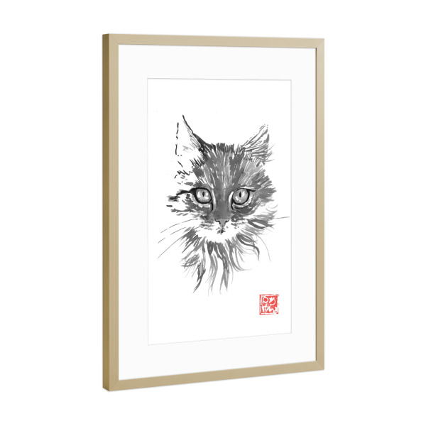 Poster mit Rahmen Gold "Bonnie" artboxONE - Tiere,Schwarzweiß - Cat,Sumie,Japan