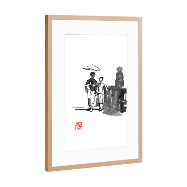 Poster mit Rahmen Kupfer "Spazieren Sie nach Edo" artboxONE - Schwarzweiß,Reise / Asien - Sumie,Japan,Regenschirm,Frau,Mädchen,Brücke,Edo