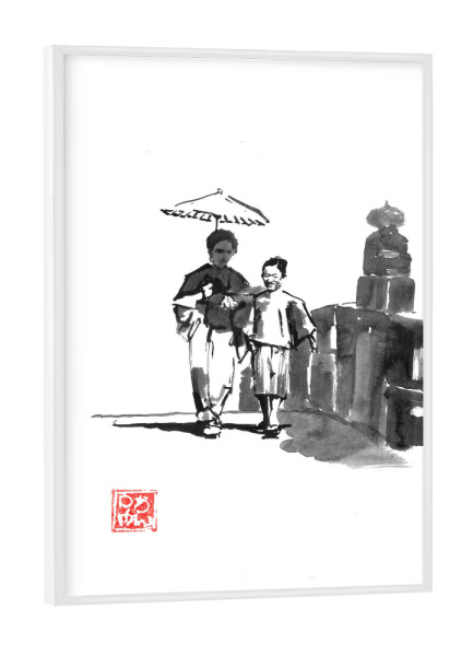Poster mit weißem Rahmen "Spazieren Sie nach Edo" artboxONE - Schwarzweiß,Reise / Asien - Sumie,Japan,Regenschirm,Frau,Mädchen,Brücke,Edo
