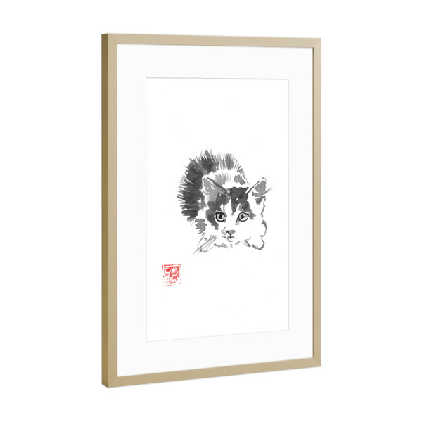 Poster mit Rahmen Gold "Kleiner Fellball" artboxONE - Tiere - Sumie,Japan,Katze