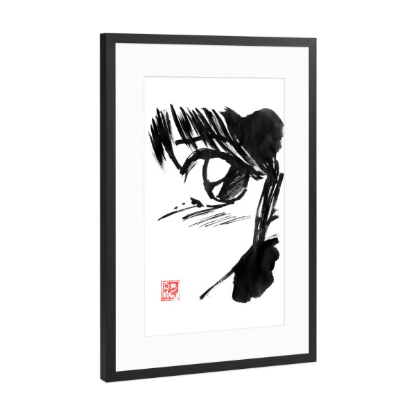 Poster mit Rahmen Schwarz (Metallic) "Manga-Auge" artboxONE - Schwarzweiß,Reise / Asien - Manga,Auge,Sumie,Japan,80er jahre,Mädchen