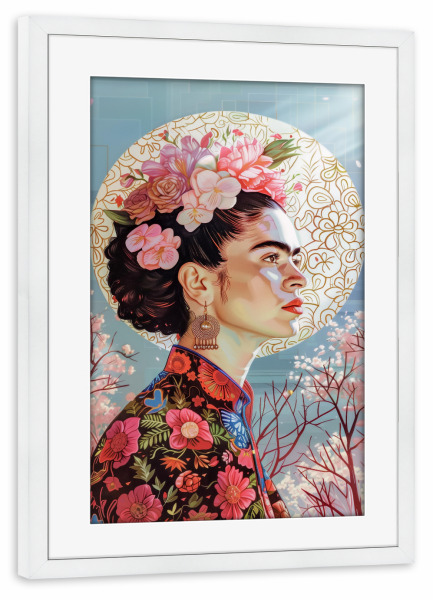 Poster mit Rahmen weiß "Kahlo's Blumenliebe" artboxONE - Floral,Menschen,Fashion