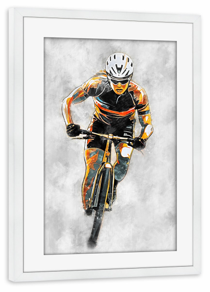 Poster mit Rahmen weiß "Cycling Color Grey B (matart)" artboxONE - Sport - Radfahren,Fahrrad,Biker,Biker,Fahrrad,Radfahrer,Sport,Rennen,Bunt,Aquarell