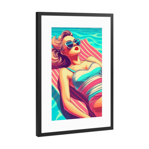 Poster mit Rahmen Schwarz (Metallic) "Retro Pool Glam Girl" artboxONE - Reise,Menschen,Reise / Strand und Meer